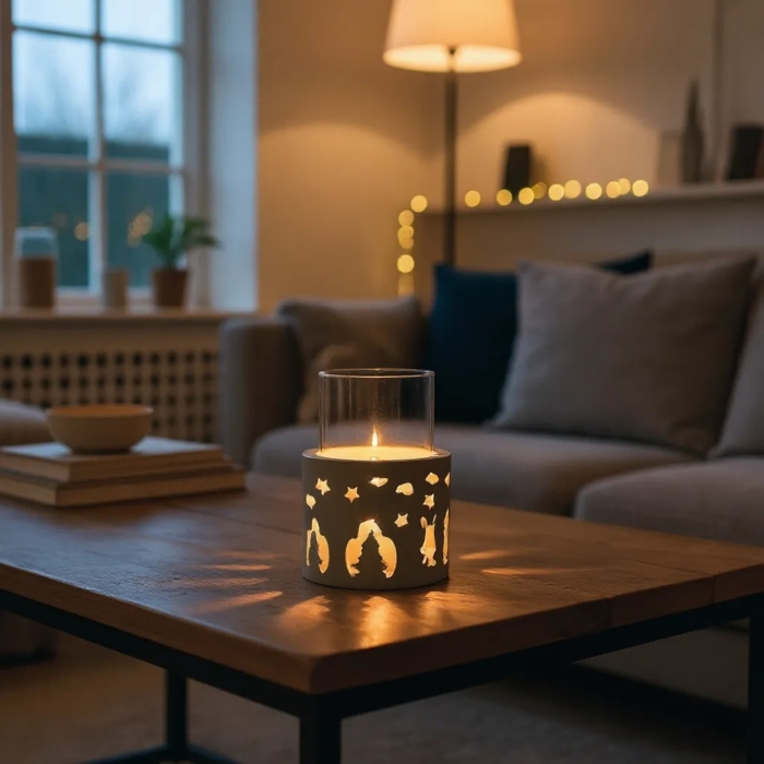 Windlicht mit weihnachtlichen Motiven aus Beton