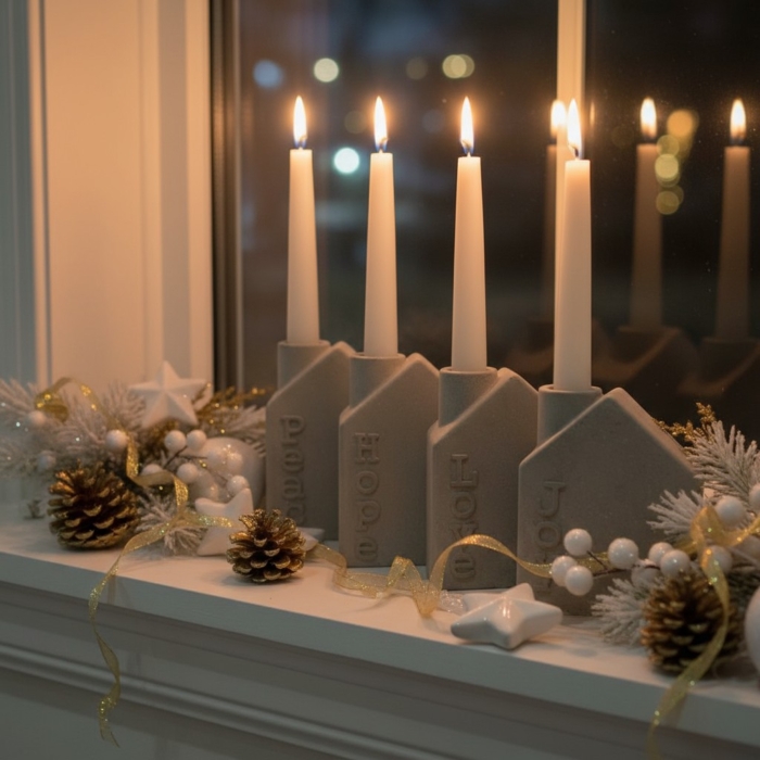 Kerzenhaus mit Schriftzug aus Beton