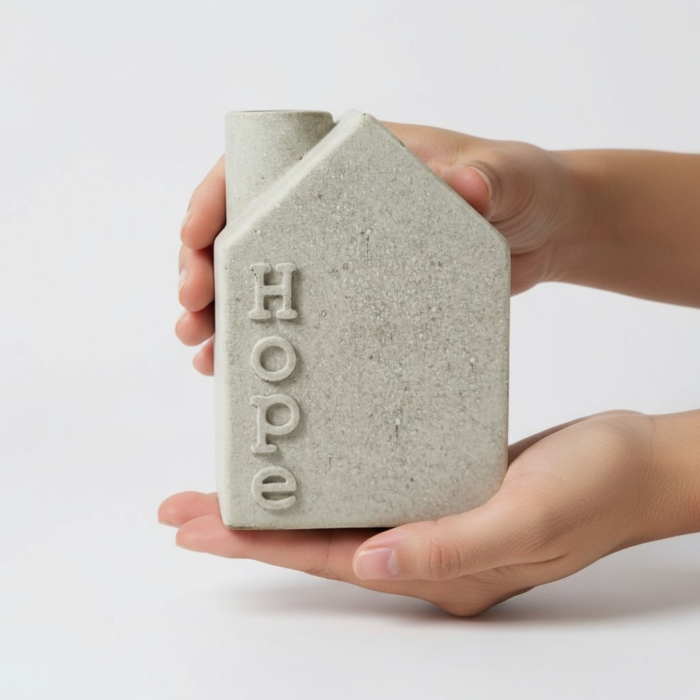 Kerzenhaus mit Schriftzug aus Beton