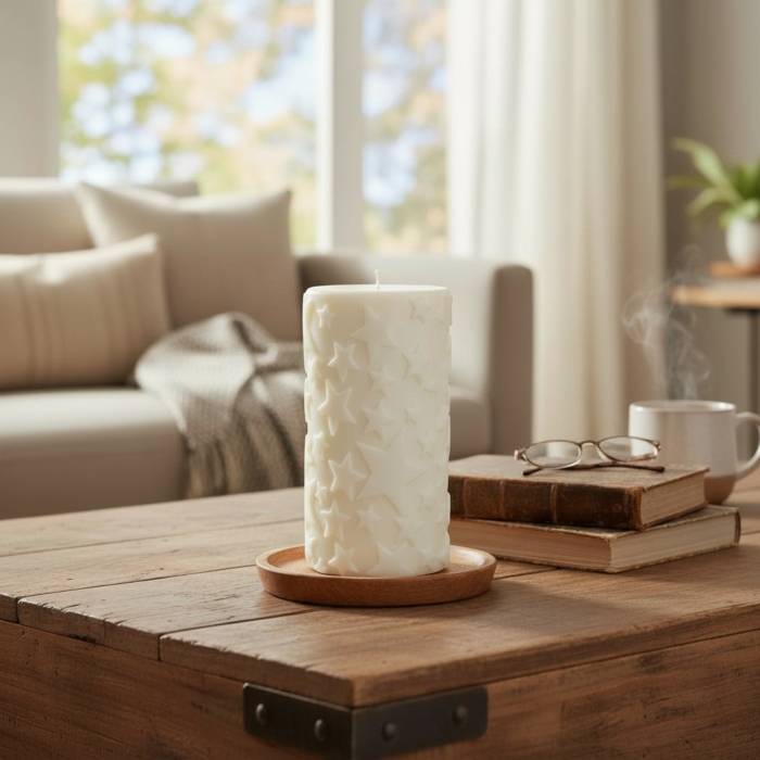 Große Stumpenkerzen mit Sternrelief aus Sojawachs