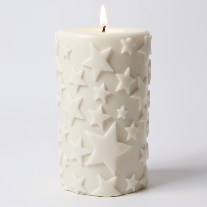 Große Stumpenkerzen mit Sternrelief aus Sojawachs