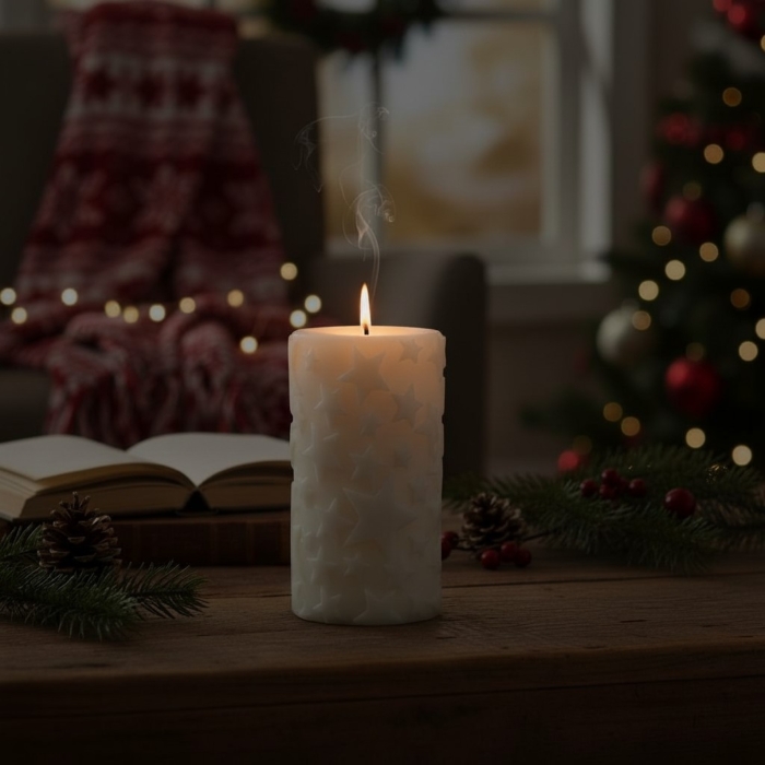 Große Stumpenkerzen mit Sternrelief aus Sojawachs