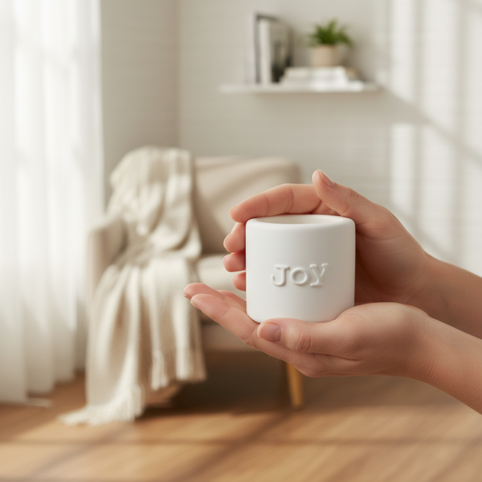 Kerzenhalter mit Schriftzug aus Beton