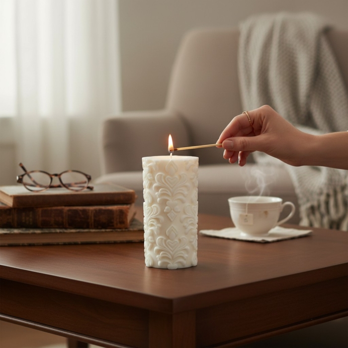 Moderne Sojawachsdekoration: Entdecke Große Stumpenkerze Ornament-Relief aus Sojawachs in unserem Shop Große Stumpenkerze Ornament-Relief aus Sojawachs