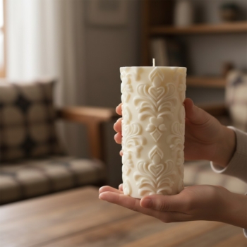 Stilvolle Sojawachsprodukte: Jetzt Große Stumpenkerze Ornament-Relief aus Sojawachs kaufen Große Stumpenkerze Ornament-Relief aus Sojawachs